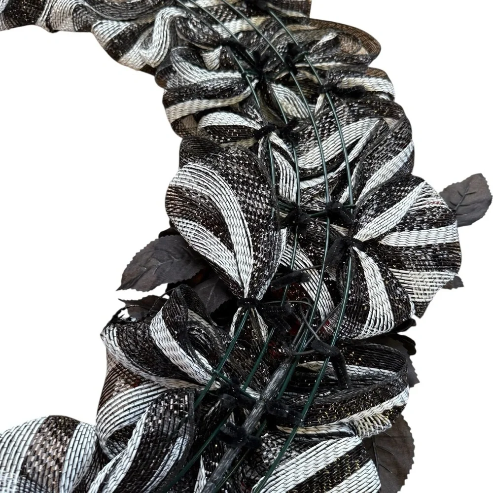 Black & White Striped Halloween Mesh Wreath Orange Flowers, BOO Bow & Bats 24